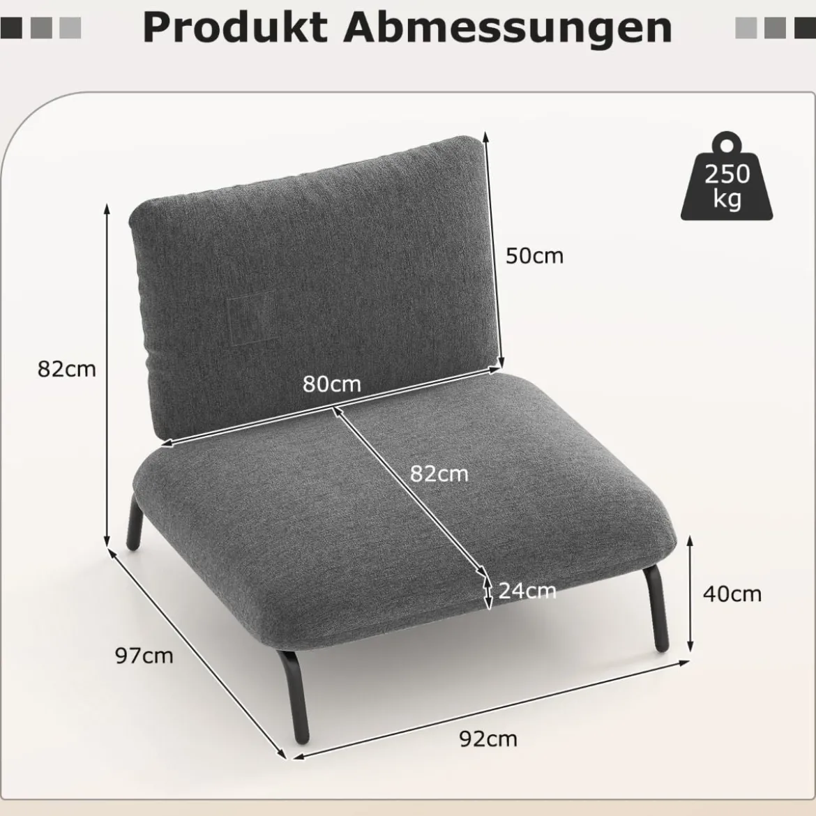 Übergroßer Akzentstuhl mit Extra Breitem & Tiefem Sitz Polsterstuhl Belastbar bis 250 kg Grau