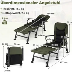 Übergroßer Angelstuhl klappbar Schwerlast Campingstuhl mit abnehmbarem Fußstütze & verstellbaren Füßen Grün