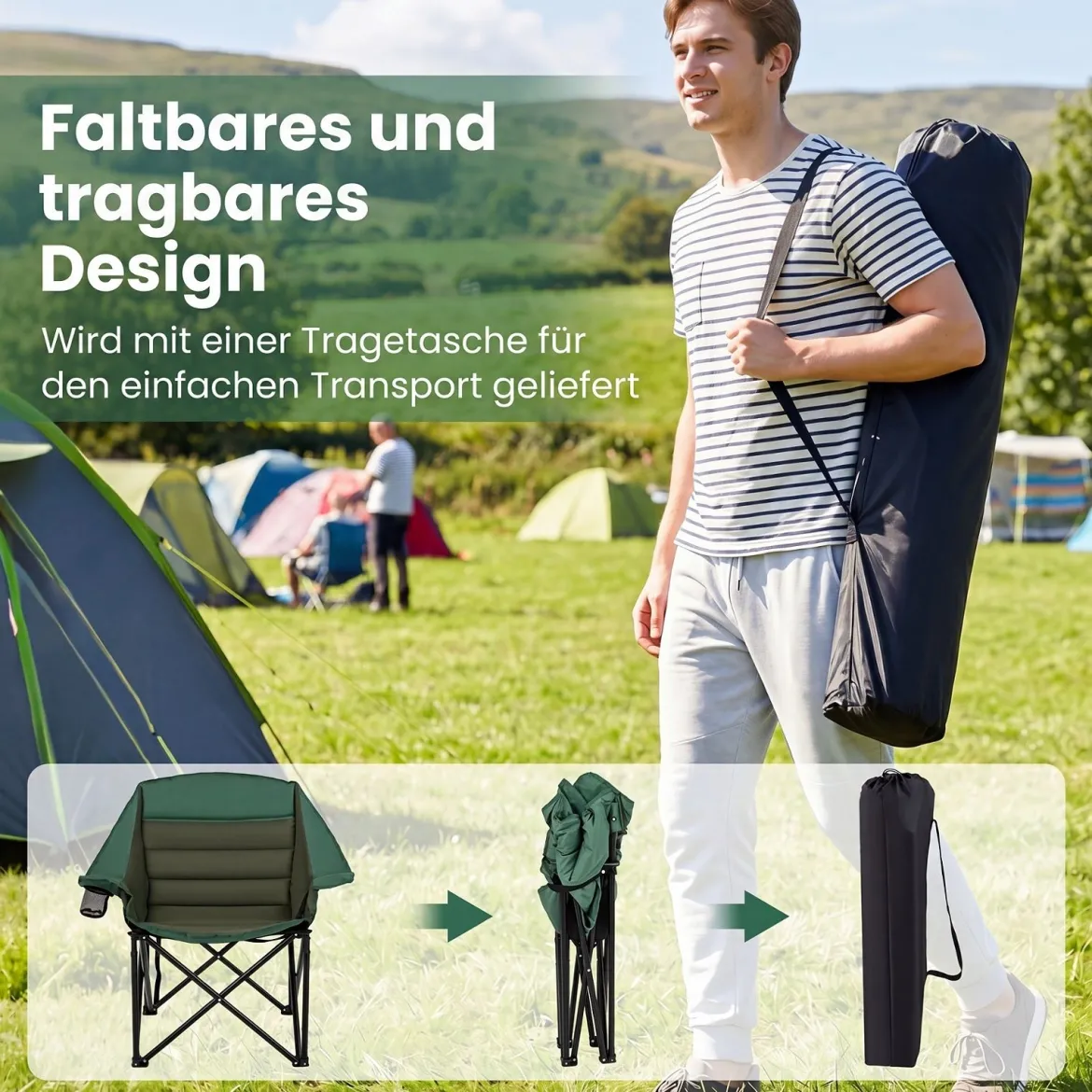 Übergroßer Campingstuhl Klappbarer Campingsessel mit Sitzpolster Getränkehalter bis 230 kg Belastbar
