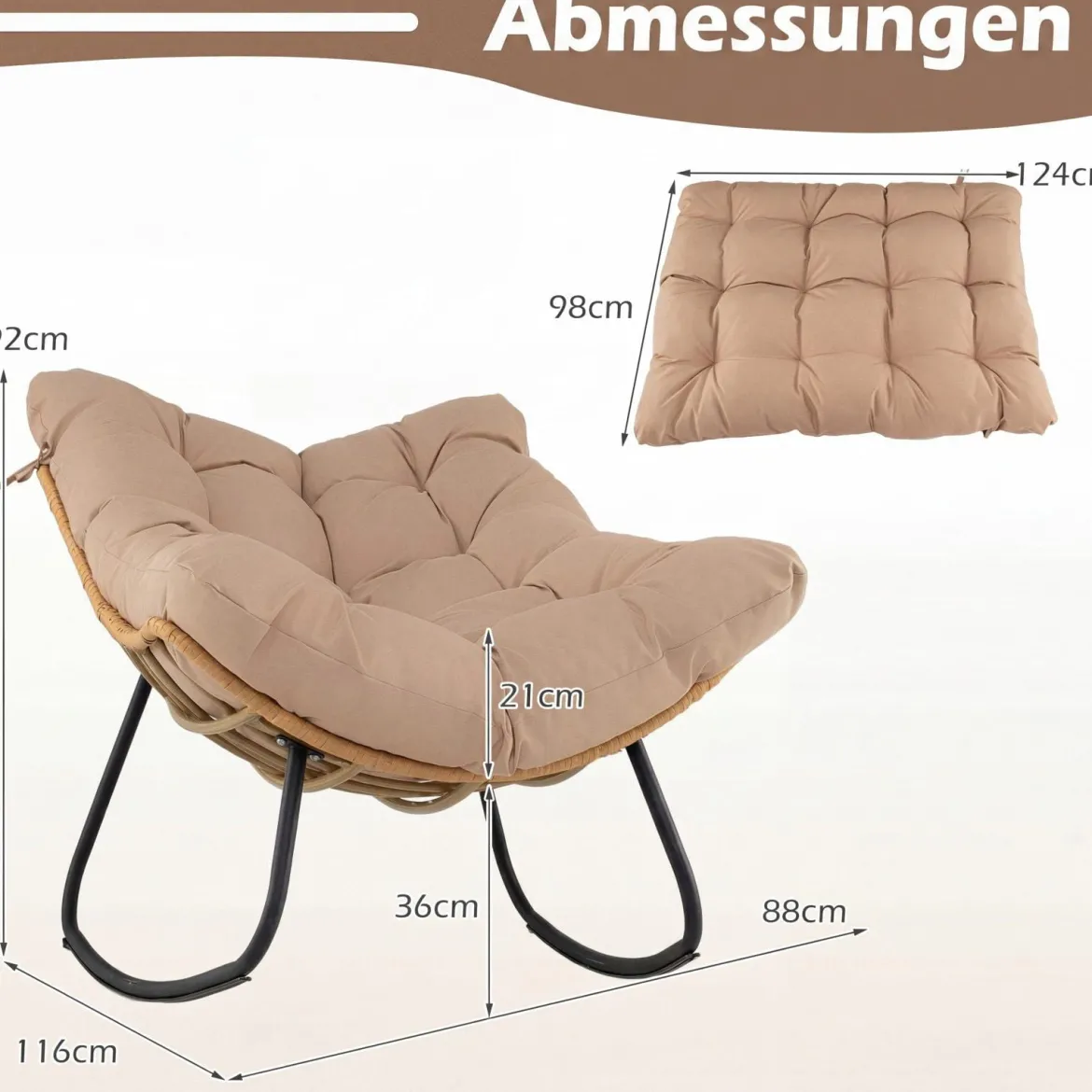 Übergroße Schaukelstuhl Schaukelsessel mit Dickem Gepolstertem Sitzkissen & Metallrahmen Beige