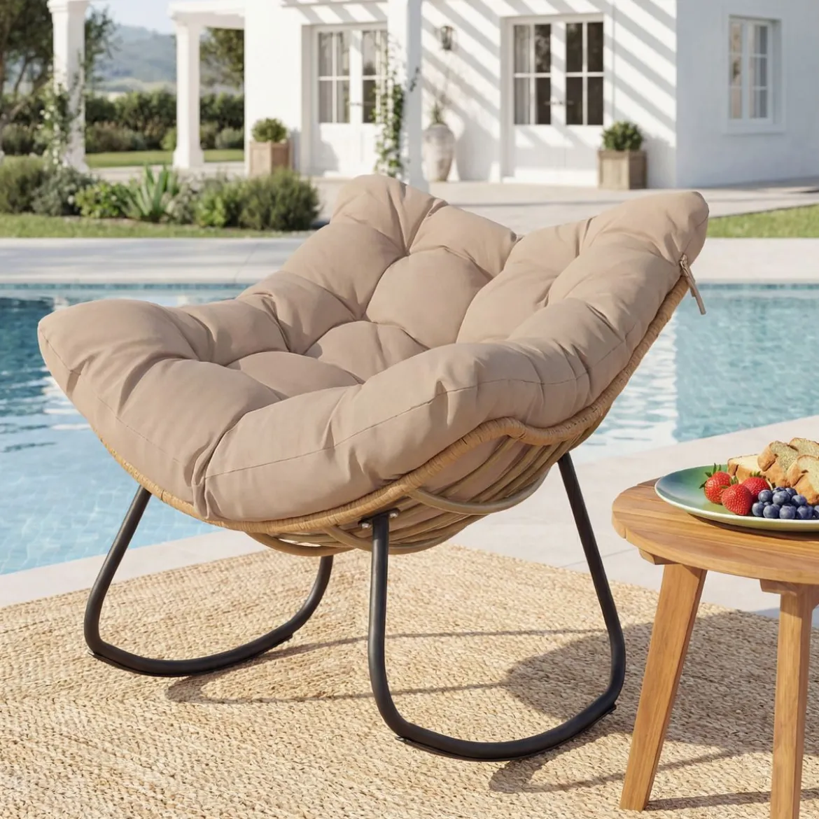 Übergroße Schaukelstuhl Schaukelsessel mit Dickem Gepolstertem Sitzkissen & Metallrahmen Beige