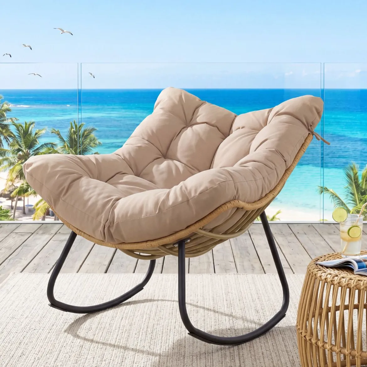 Übergroße Schaukelstuhl Schaukelsessel mit Dickem Gepolstertem Sitzkissen & Metallrahmen Beige
