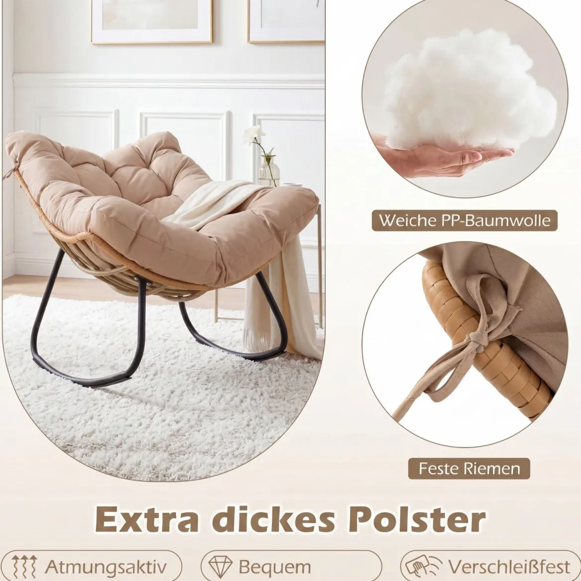 Übergroße Schaukelstuhl Schaukelsessel mit Dickem Gepolstertem Sitzkissen & Metallrahmen Beige