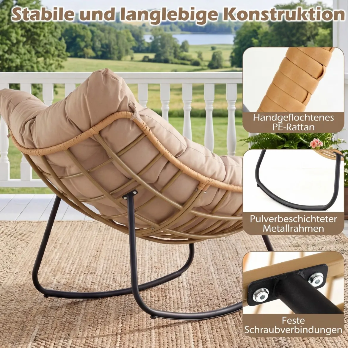 Übergroße Schaukelstuhl Schaukelsessel mit Dickem Gepolstertem Sitzkissen & Metallrahmen Beige