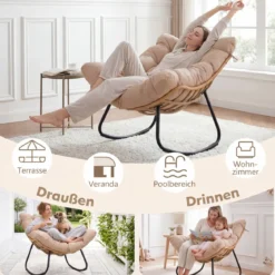 Übergroße Schaukelstuhl Schaukelsessel mit Dickem Gepolstertem Sitzkissen & Metallrahmen Beige