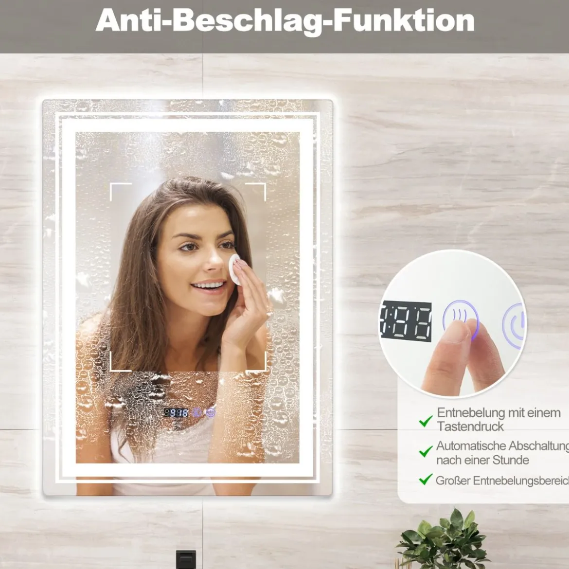 Beschlagfreier LED-Badezimmerspiegel mit 3 Lichtfarben & Memory-Funktion Beleuchteter Wandspiegel