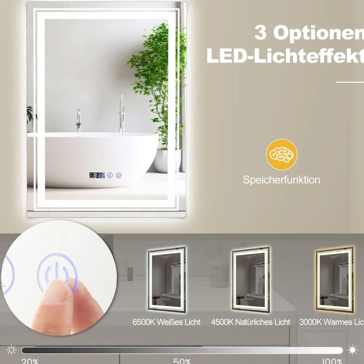 Beschlagfreier LED-Badezimmerspiegel mit 3 Lichtfarben & Memory-Funktion Beleuchteter Wandspiegel