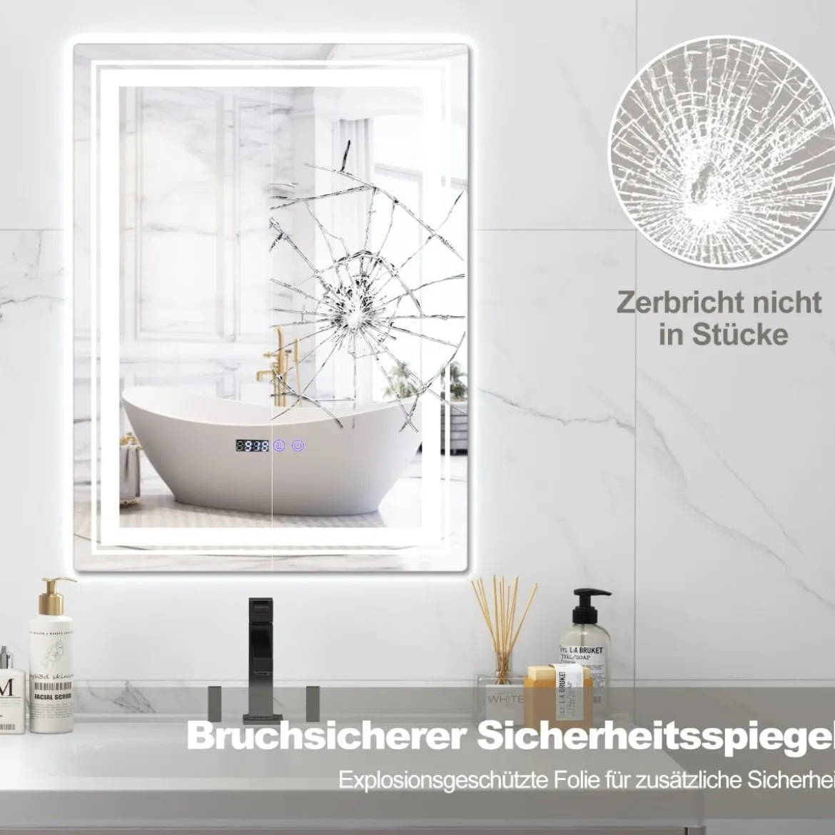 Beschlagfreier LED-Badezimmerspiegel mit 3 Lichtfarben & Memory-Funktion Beleuchteter Wandspiegel