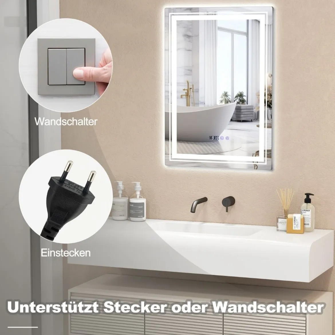 Beschlagfreier LED-Badezimmerspiegel mit 3 Lichtfarben & Memory-Funktion Beleuchteter Wandspiegel