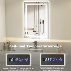 Beschlagfreier LED-Badezimmerspiegel mit 3 Lichtfarben & Memory-Funktion Beleuchteter Wandspiegel