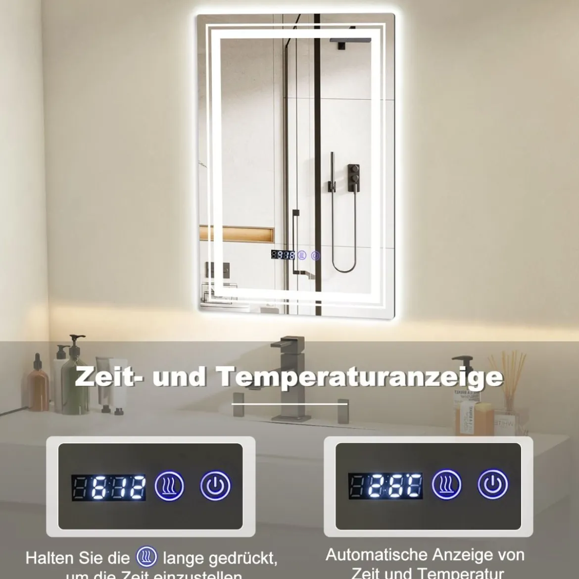 Beschlagfreier LED-Badezimmerspiegel mit 3 Lichtfarben & Memory-Funktion Beleuchteter Wandspiegel