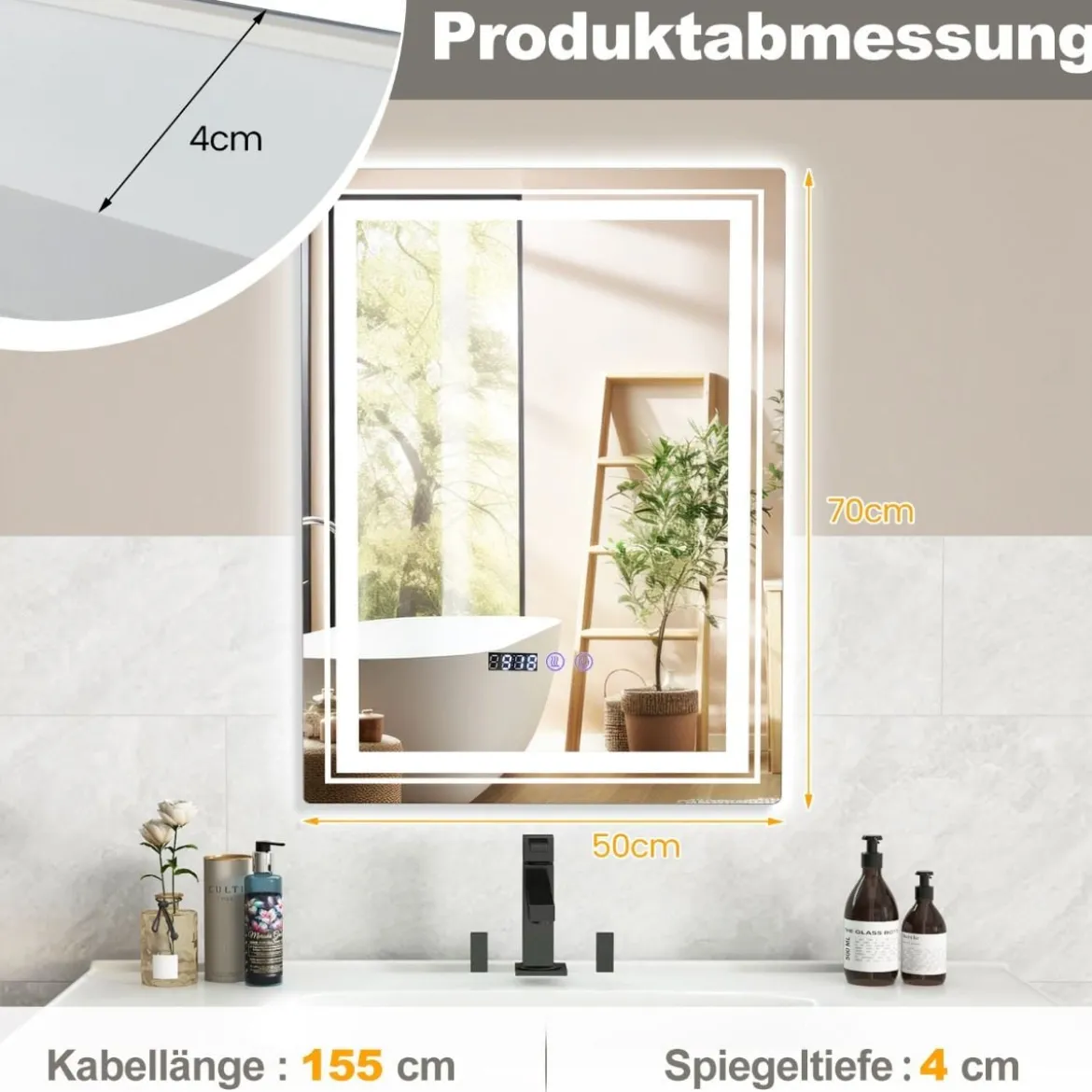 Beschlagfreier LED-Badezimmerspiegel mit 3 Lichtfarben & Memory-Funktion Beleuchteter Wandspiegel