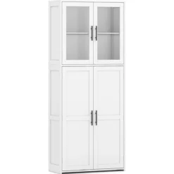 Besenschrank mit 2 Haken & Glastüren Holz Hochschrank Mehrzweckschrank Haushaltsschrank