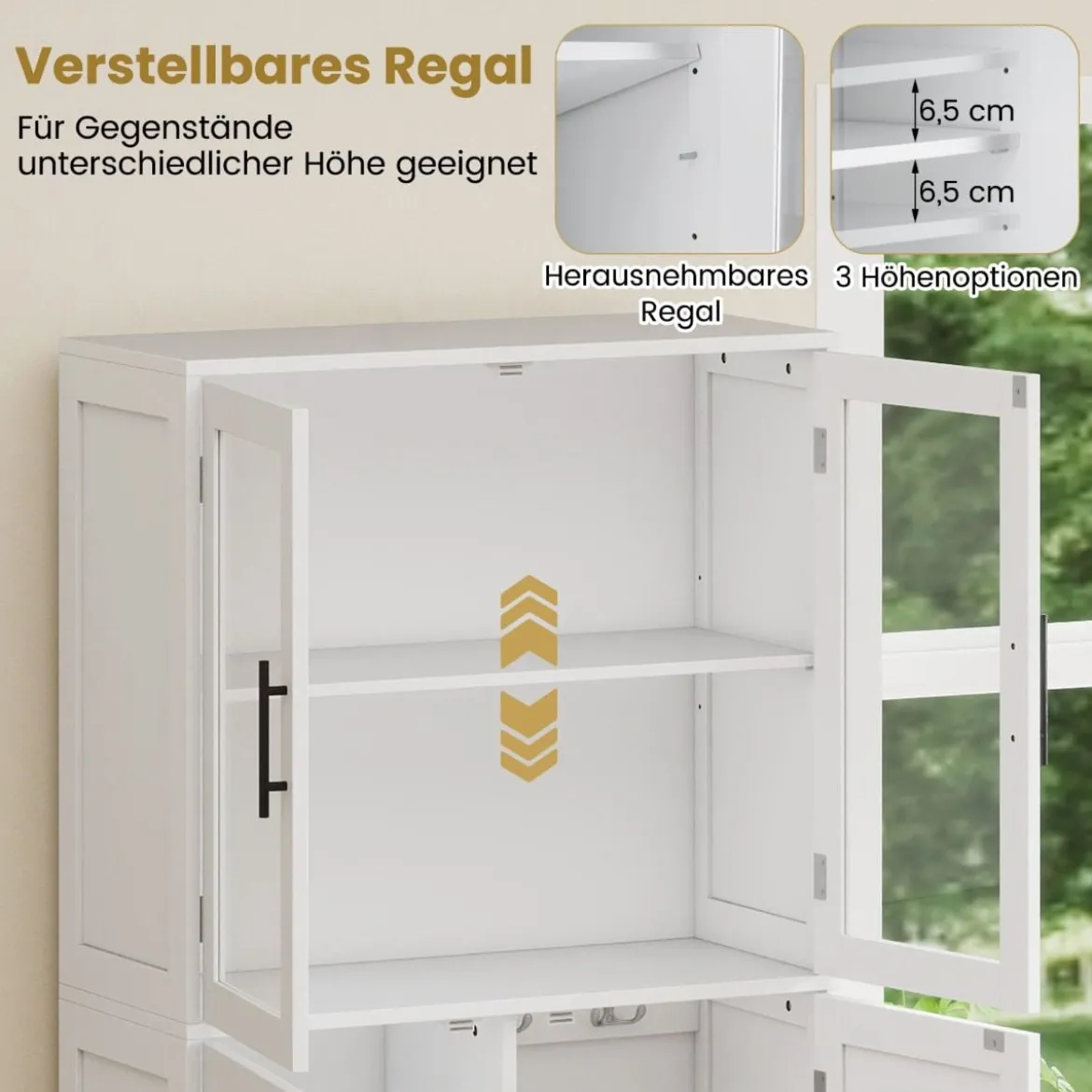 Besenschrank mit 2 Haken & Glastüren Holz Hochschrank Mehrzweckschrank Haushaltsschrank