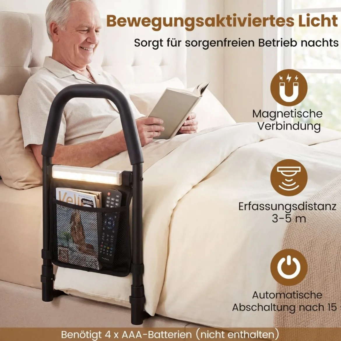 Bett Aufstehhilfe mit LED-Sensorlicht & Tasche & Rutschfestem Handgriff Bettgitter Schutzgeländer