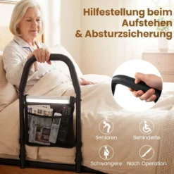 Bett Aufstehhilfe mit LED-Sensorlicht & Tasche & Rutschfestem Handgriff Bettgitter Schutzgeländer