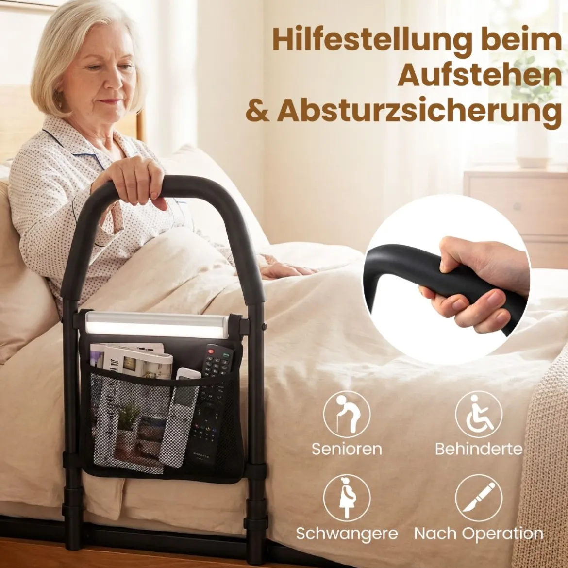 Bett Aufstehhilfe mit LED-Sensorlicht & Tasche & Rutschfestem Handgriff Bettgitter Schutzgeländer