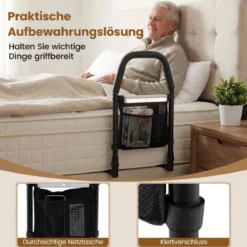 Bett Aufstehhilfe mit LED-Sensorlicht & Tasche & Rutschfestem Handgriff Bettgitter Schutzgeländer