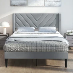 Bettgestell für 200 x 140 cm Matratze Gepolstertes Doppelbettgestell Plattformbett mit Kopfteil Grau