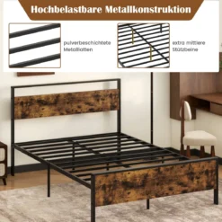 Bettgestell für 200 x 140 cm Matratze Industrielles Metallbett mit Hölzernem Kopf- & Fußteil