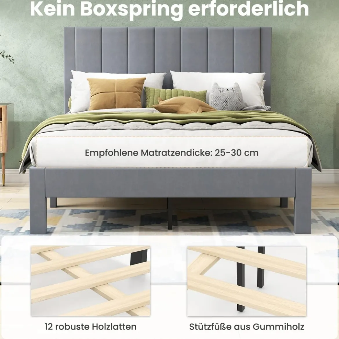 Bettgestell für 200 x 140 cm Matratze Samtstoff gepolstertes Plattformbett Doppelbettgestell Grau