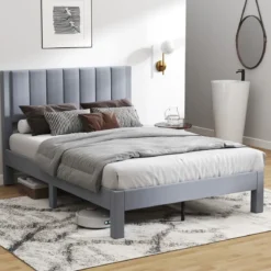 Bettgestell für 200 x 140 cm Matratze Samtstoff gepolstertes Plattformbett Doppelbettgestell Grau