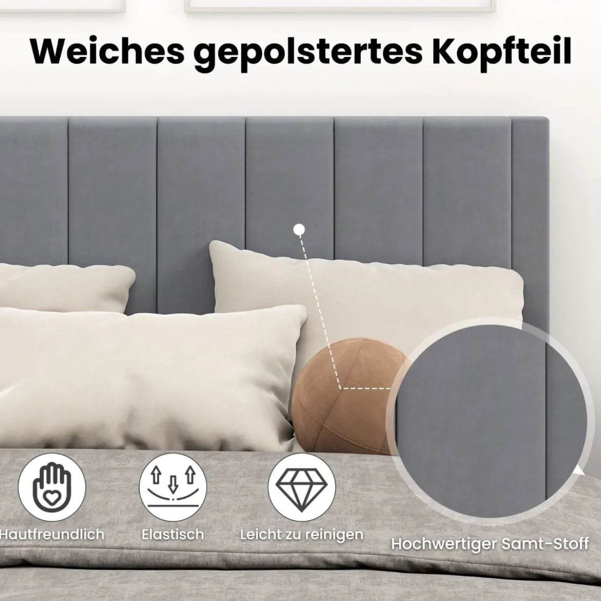 Bettgestell für 200 x 140 cm Matratze Samtstoff gepolstertes Plattformbett Doppelbettgestell Grau