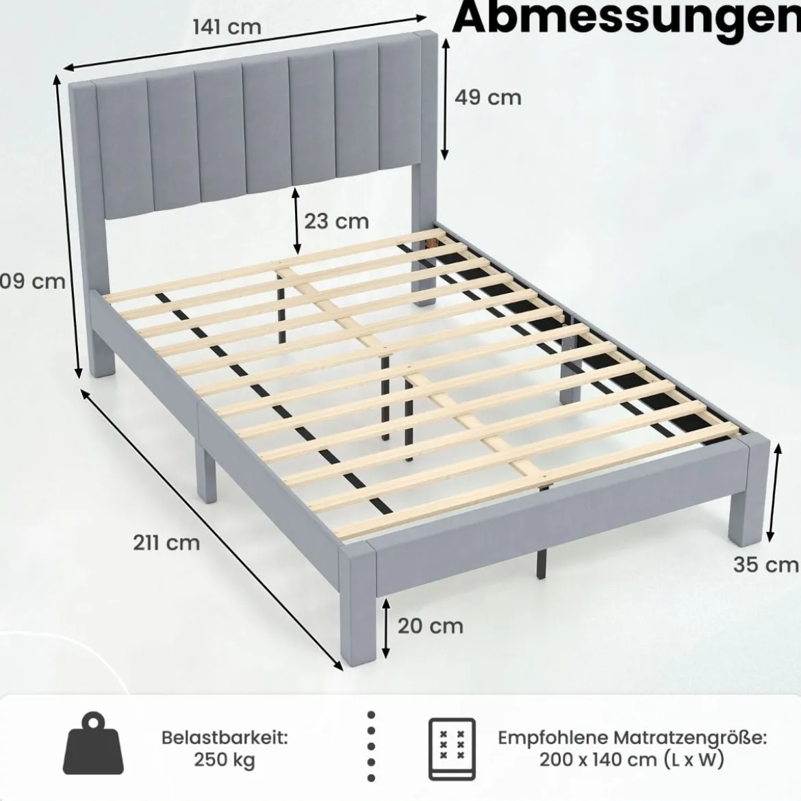 Bettgestell für 200 x 140 cm Matratze Samtstoff gepolstertes Plattformbett Doppelbettgestell Grau
