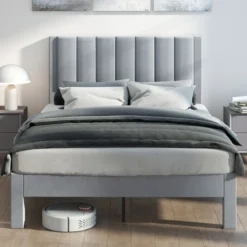Bettgestell für 200 x 140 cm Matratze Samtstoff gepolstertes Plattformbett Doppelbettgestell Grau