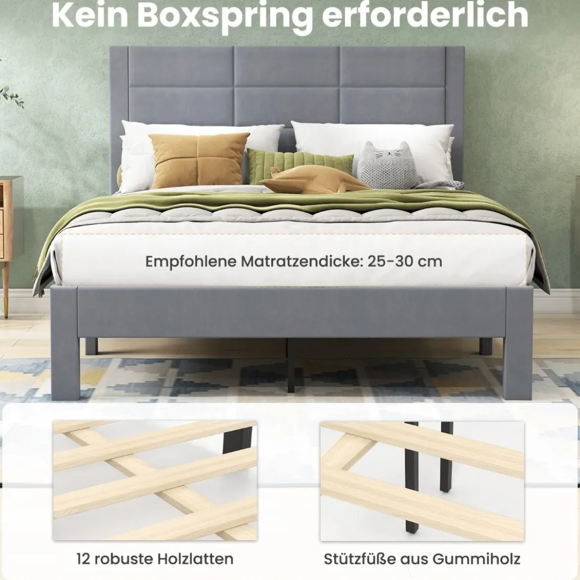 Bettgestell für 200 x 140 cm Matratze Samtstoff Gepolstertes Doppelbettgestell Plattformbett Grau