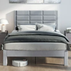 Bettgestell für 200 x 140 cm Matratze Samtstoff Gepolstertes Doppelbettgestell Plattformbett Grau