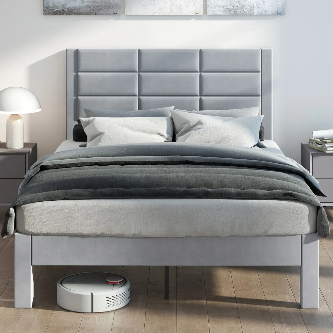 Bettgestell für 200 x 140 cm Matratze Samtstoff Gepolstertes Doppelbettgestell Plattformbett Grau