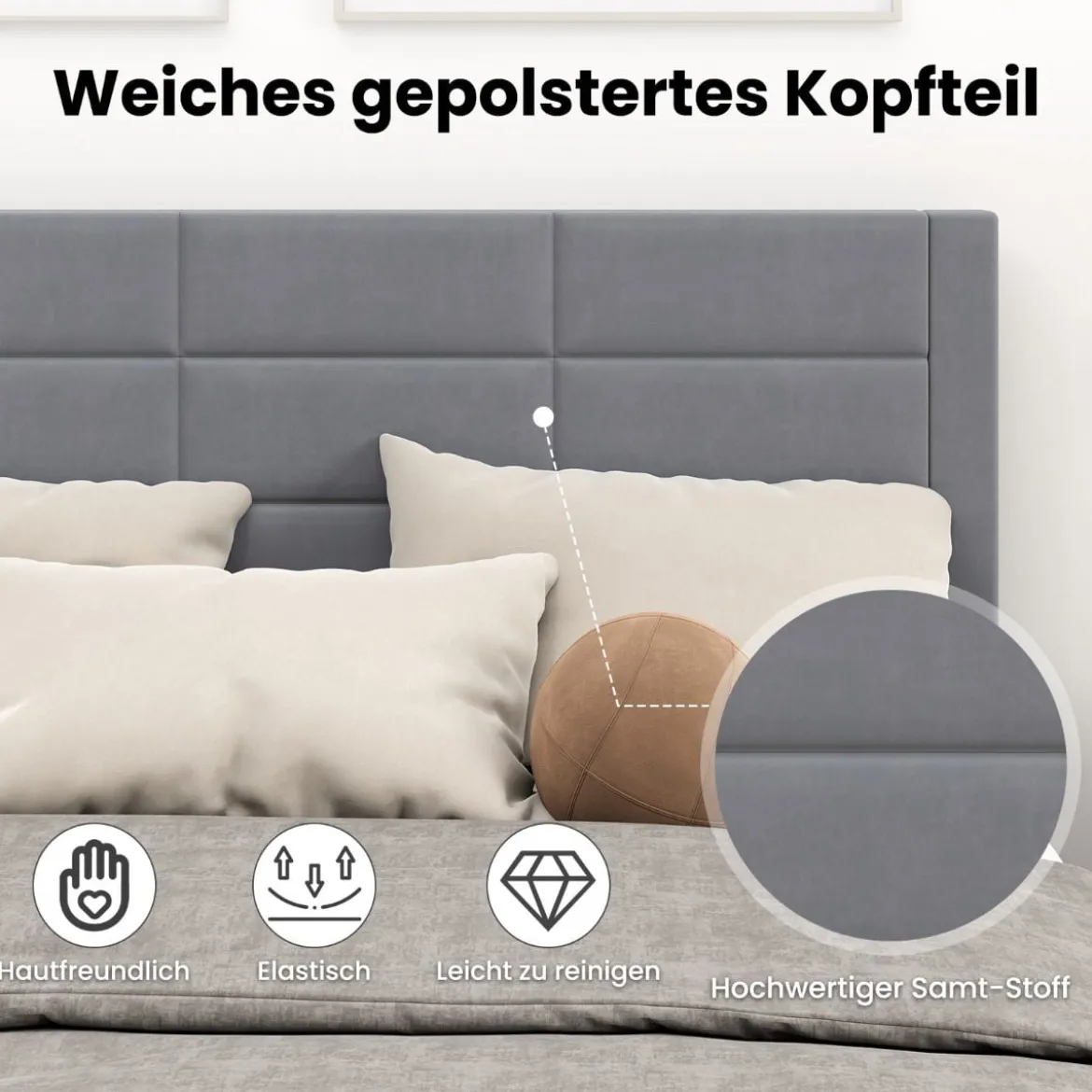 Bettgestell für 200 x 140 cm Matratze Samtstoff Gepolstertes Doppelbettgestell Plattformbett Grau