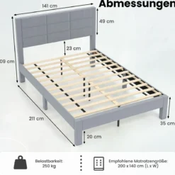 Bettgestell für 200 x 140 cm Matratze Samtstoff Gepolstertes Doppelbettgestell Plattformbett Grau
