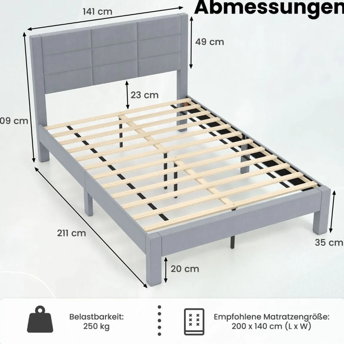 Bettgestell für 200 x 140 cm Matratze Samtstoff Gepolstertes Doppelbettgestell Plattformbett Grau