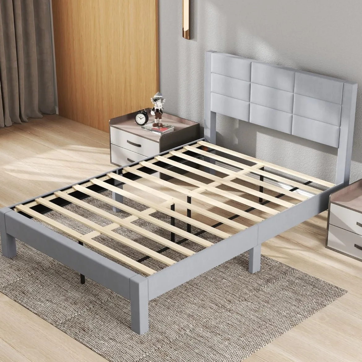 Bettgestell für 200 x 140 cm Matratze Samtstoff Gepolstertes Doppelbettgestell Plattformbett Grau