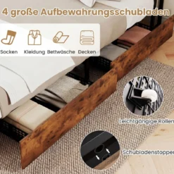 Bettgestell mit LED-Beleuchtung & Ladestation Rustikal Braun 200 x 160 cm/200 x 140 cm