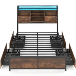 Bettgestell mit LED-Beleuchtung & Ladestation Rustikal Braun 200 x 160 cm/200 x 140 cm
