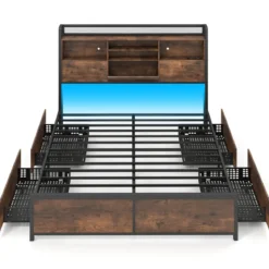 Bettgestell mit LED-Beleuchtung & Ladestation Rustikal Braun 200 x 160 cm/200 x 140 cm