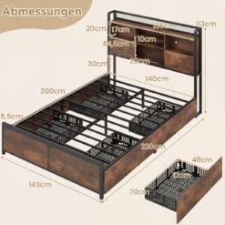 Bettgestell mit LED-Beleuchtung & Ladestation Rustikal Braun 200 x 160 cm/200 x 140 cm