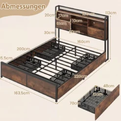 Bettgestell mit LED-Beleuchtung & Ladestation Rustikal Braun 200 x 160 cm/200 x 140 cm