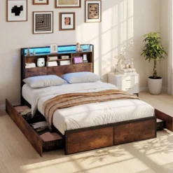 Bettgestell mit LED-Beleuchtung & Ladestation Rustikal Braun 200 x 160 cm/200 x 140 cm
