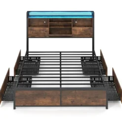 Bettgestell mit LED-Beleuchtung & Ladestation Rustikal Braun 200 x 160 cm/200 x 140 cm