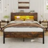Bettgestell mit LED-Lichtern Industrielles Plattformbett mit Stauraum-Kopfteil 200 x 140 cm Rustikales Braun
