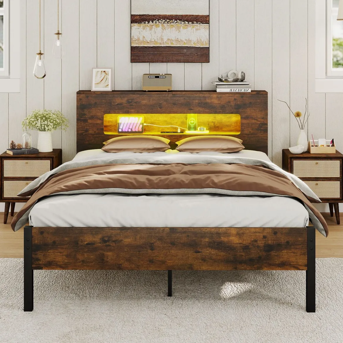 Bettgestell mit LED-Lichtern Industrielles Plattformbett mit Stauraum-Kopfteil 200 x 140 cm Rustikales Braun