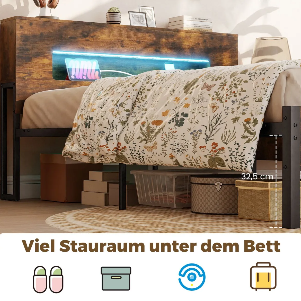 Bettgestell mit LED-Lichtern Industrielles Plattformbett mit Stauraum-Kopfteil 200 x 140 cm Rustikales Braun