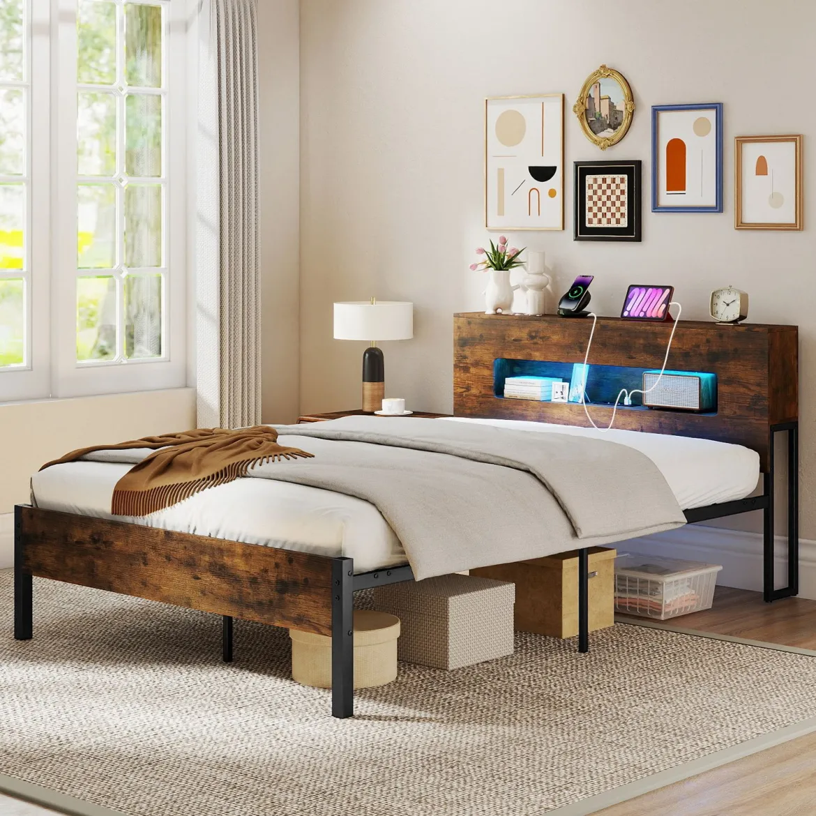 Bettgestell mit LED-Lichtern Industrielles Plattformbett mit Stauraum-Kopfteil 200 x 140 cm Rustikales Braun