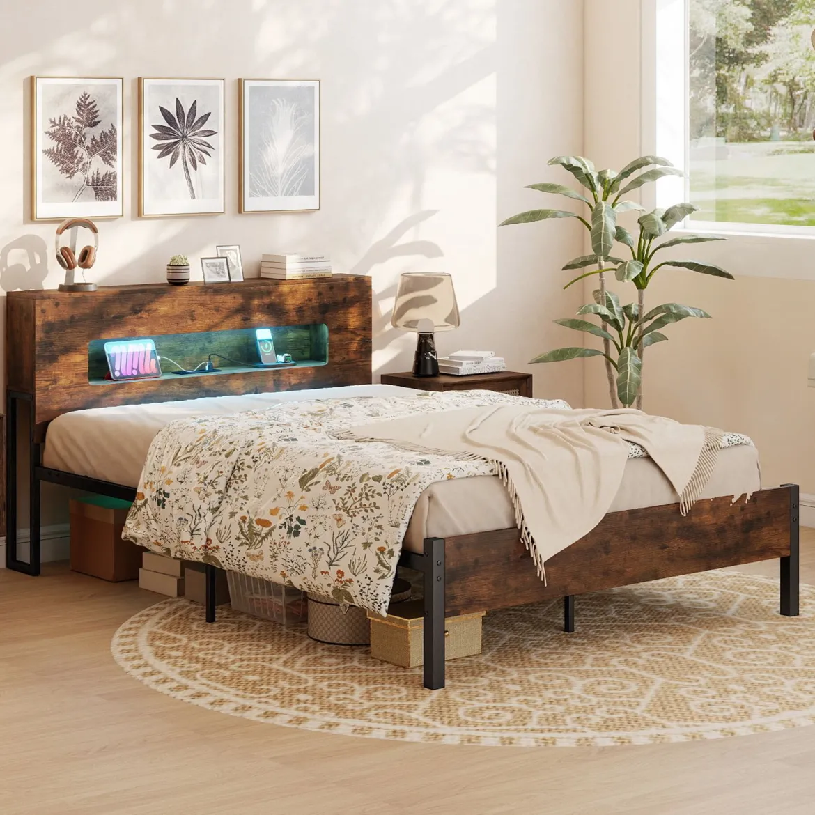 Bettgestell mit LED-Lichtern Industrielles Plattformbett mit Stauraum-Kopfteil 200 x 140 cm Rustikales Braun