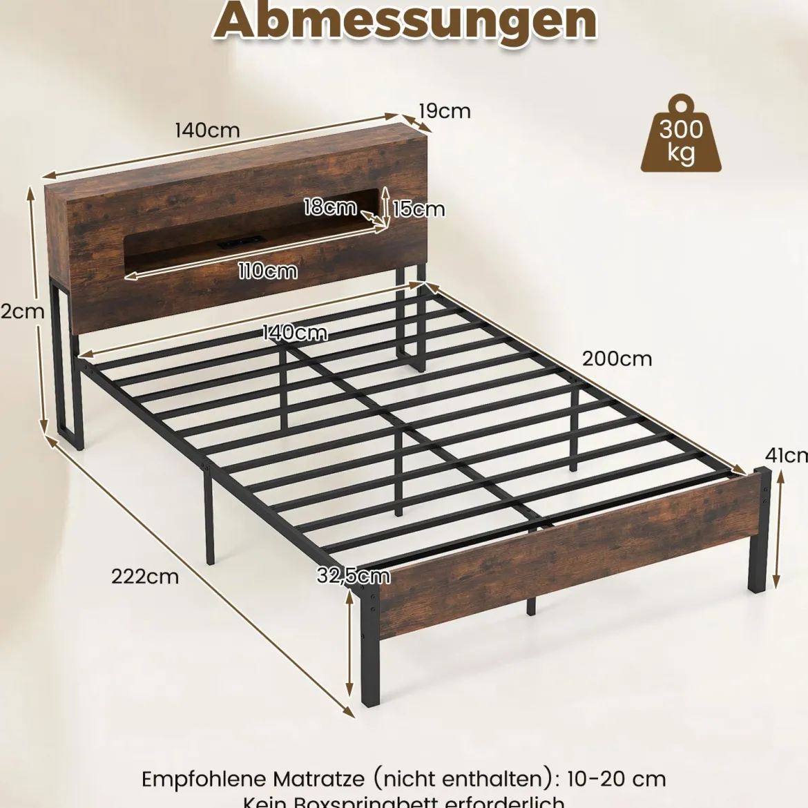 Bettgestell mit LED-Lichtern Industrielles Plattformbett mit Stauraum-Kopfteil 200 x 140 cm Rustikales Braun