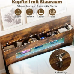 Bettgestell mit LED-Lichtern Industrielles Plattformbett mit Stauraum-Kopfteil 200 x 140 cm Rustikales Braun